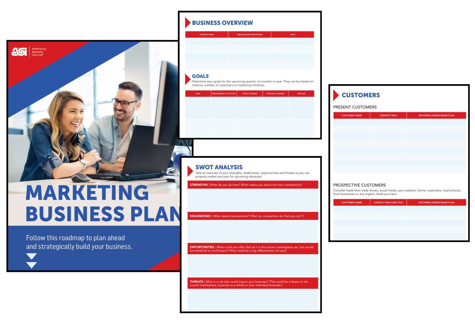 ASI marketing plan template with sections for business overview, goals, and SWOT analysis